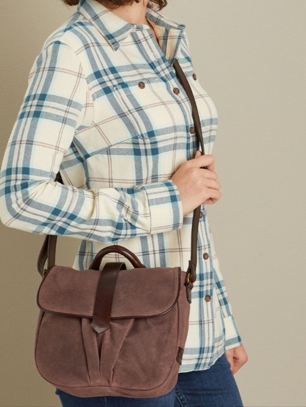 Duluth Trading Co Mauve-Brown Oil Cloth & Leather Crossbody Satchel Bag
